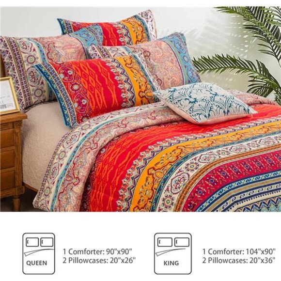 Striped Bohemian Comforter Set Queen Size 3 Pieces Boho Hippie Geometric Bedding - Picture 6 of 8